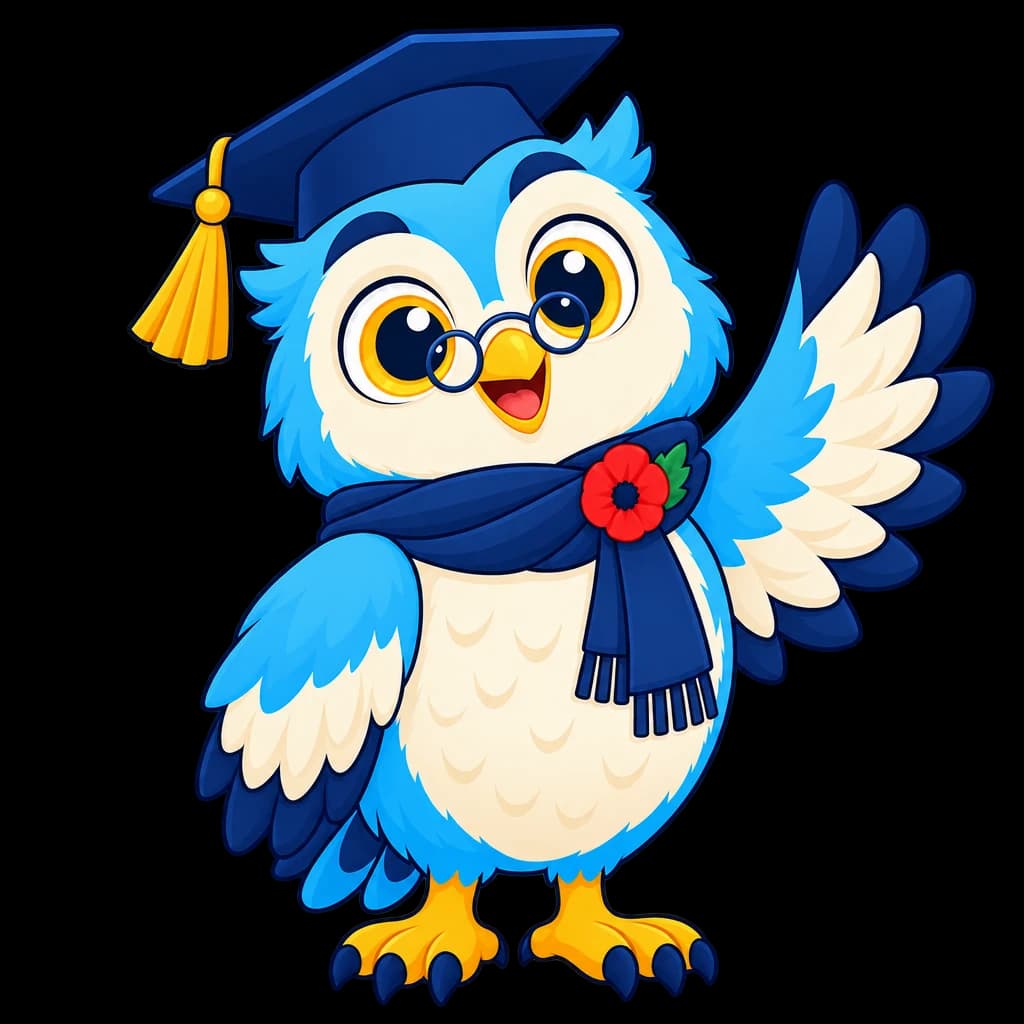 Professor Poppy, a friendly blue owl in glasses and a graduation cap, waving hello